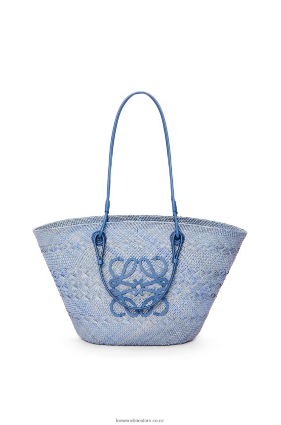 Loewe Women Anagram Basket bag in iraca palm and calfskin Denim Blue LH60R1