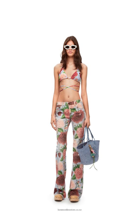 Loewe Women Anagram Basket bag in iraca palm and calfskin Denim Blue LH60R1