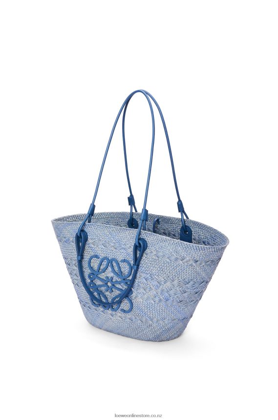 Loewe Women Anagram Basket bag in iraca palm and calfskin Denim Blue LH60R1