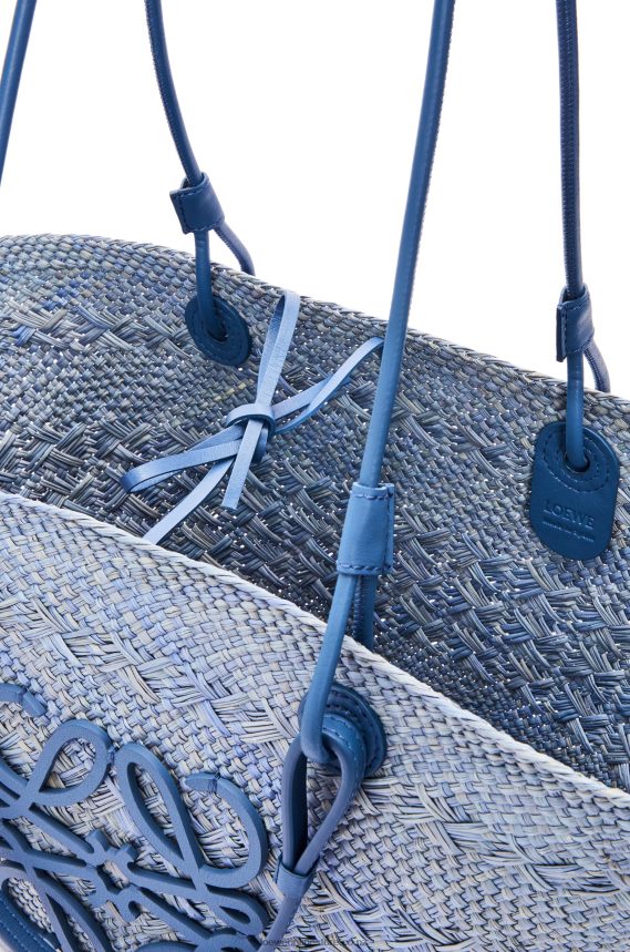 Loewe Women Anagram Basket bag in iraca palm and calfskin Denim Blue LH60R1