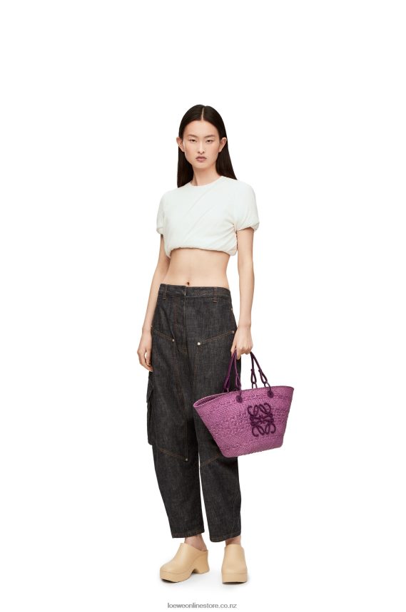 Loewe Women Anagram Basket bag in iraca palm and calfskin Purple LH60R83