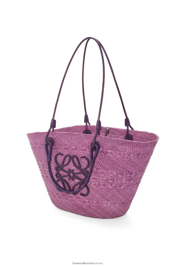 Loewe Women Anagram Basket bag in iraca palm and calfskin Purple LH60R83