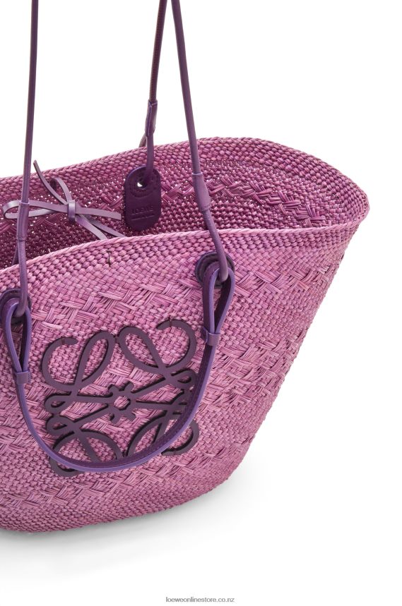 Loewe Women Anagram Basket bag in iraca palm and calfskin Purple LH60R83