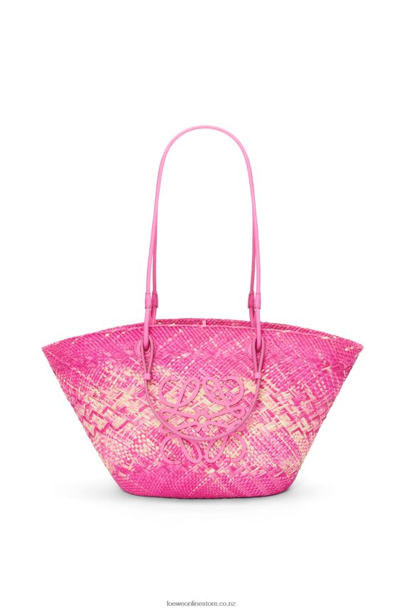 Loewe Women Anagram basket bag in iraca palm and calfskin Fuchsia LH60R70