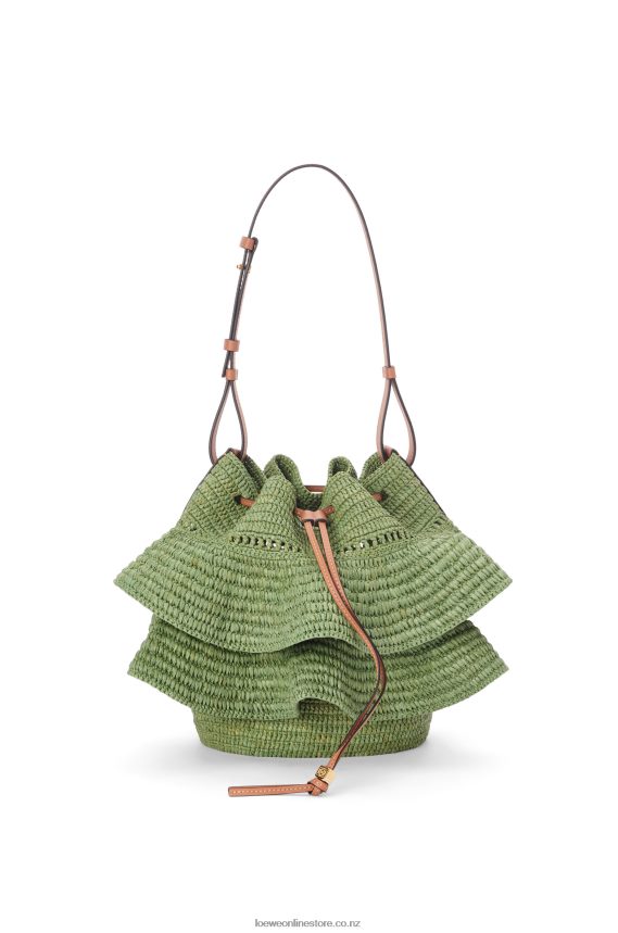 Loewe Women Balloon Ruffles bag in raffia and calfskin Green/Tan LH60R66