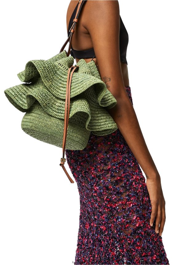 Loewe Women Balloon Ruffles bag in raffia and calfskin Green/Tan LH60R66