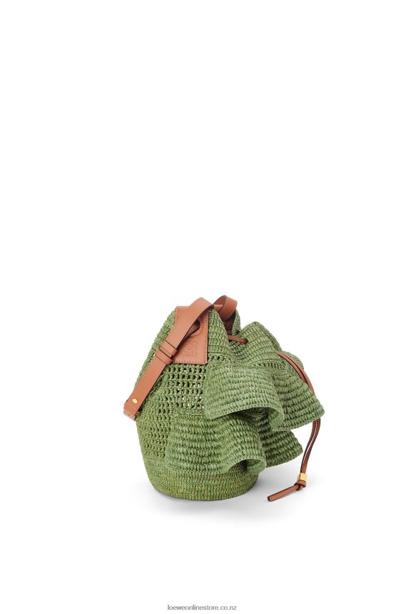 Loewe Women Balloon Ruffles bag in raffia and calfskin Green/Tan LH60R66