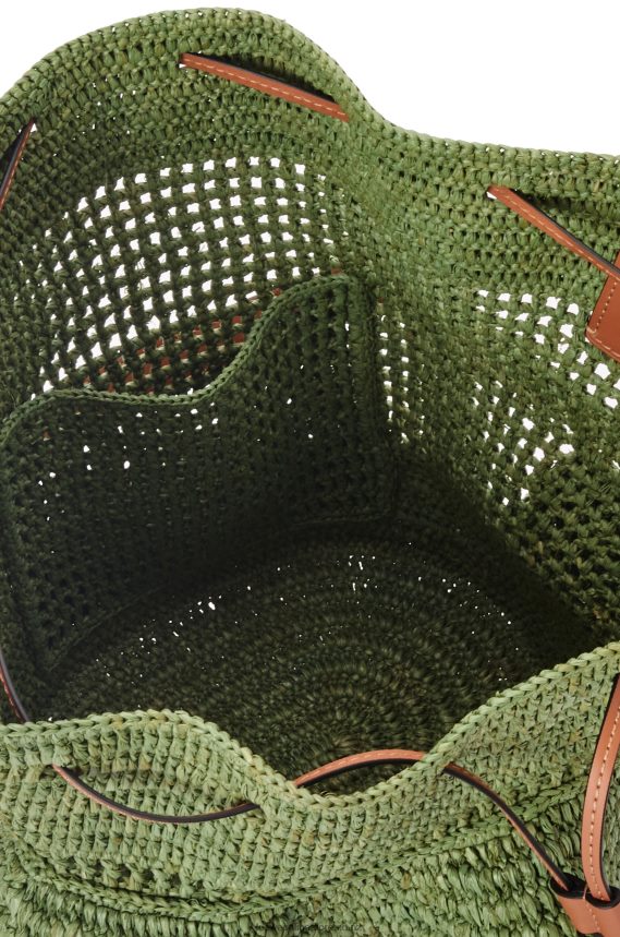 Loewe Women Balloon Ruffles bag in raffia and calfskin Green/Tan LH60R66