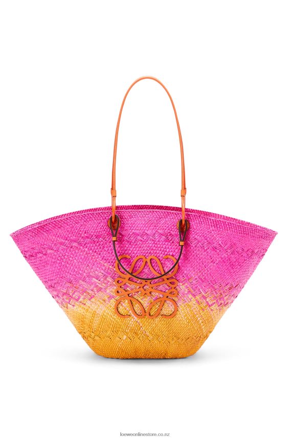 Loewe Women Large Anagram Basket bag in iraca palm and calfskin Fuchsia/Orange LH60R84