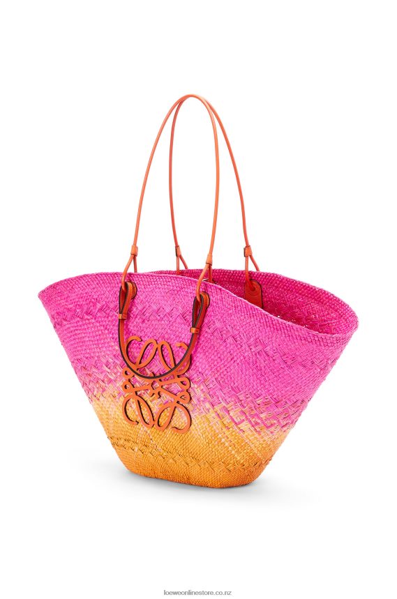 Loewe Women Large Anagram Basket bag in iraca palm and calfskin Fuchsia/Orange LH60R84