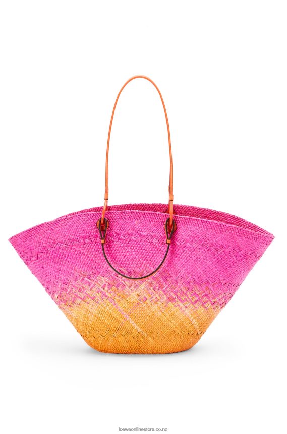 Loewe Women Large Anagram Basket bag in iraca palm and calfskin Fuchsia/Orange LH60R84