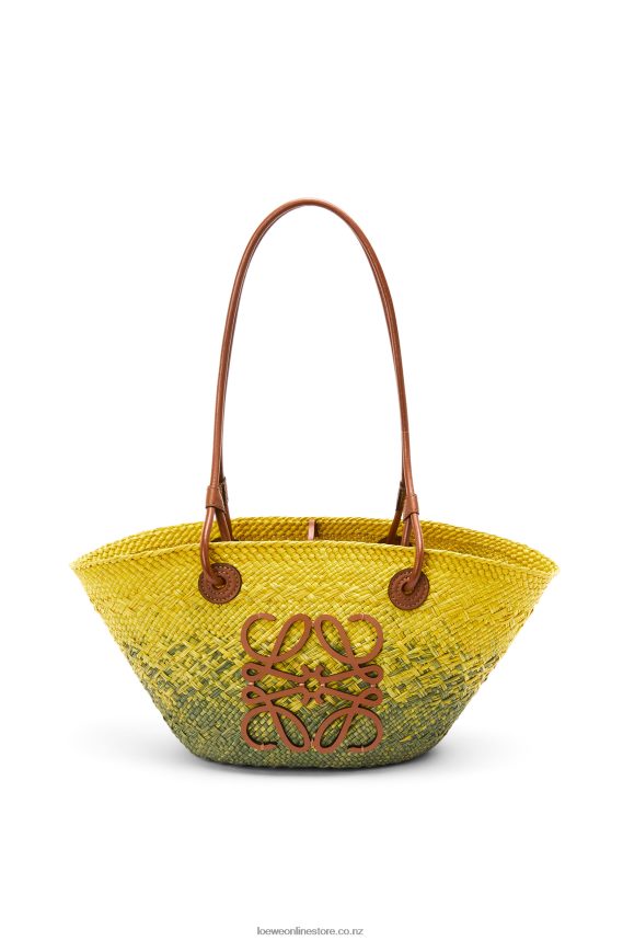 Loewe Women Small Anagram Basket bag in iraca palm and calfskin Khaki Green/Yellow LH60R64