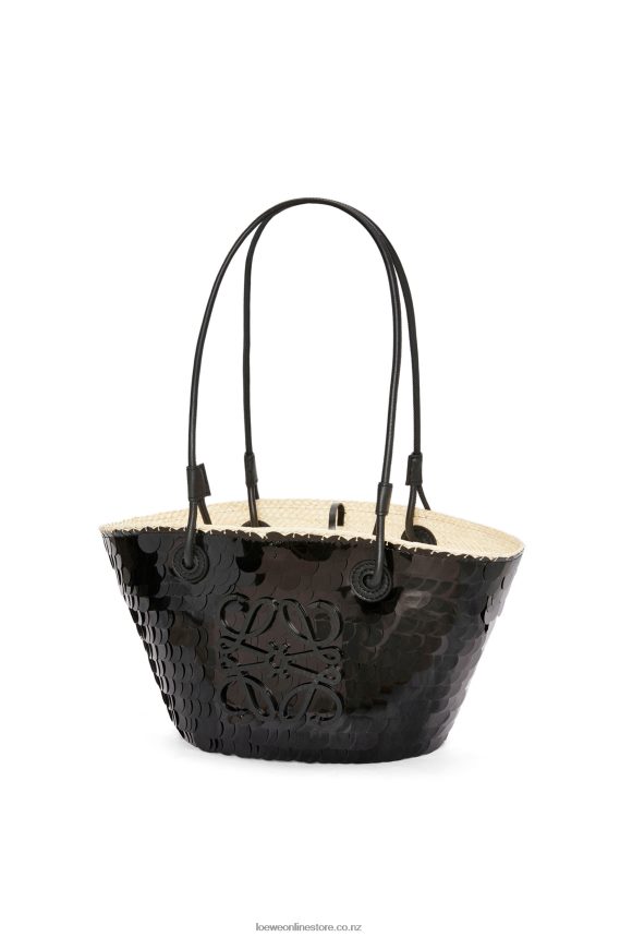 Loewe Women Small Anagram basket in sequinned iraca palm and calfskin Black LH60R71