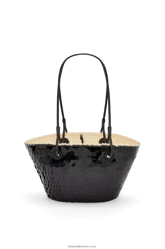 Loewe Women Small Anagram basket in sequinned iraca palm and calfskin Black LH60R71