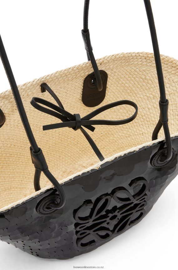 Loewe Women Small Anagram basket in sequinned iraca palm and calfskin Black LH60R71