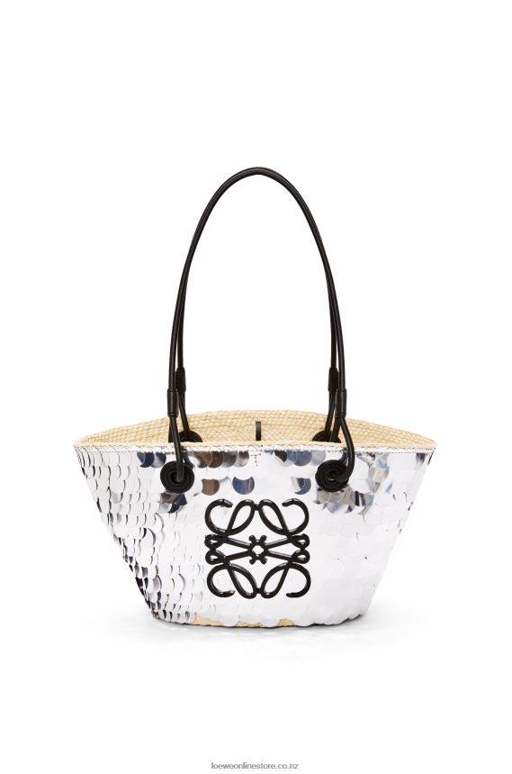 Loewe Women Small Anagram basket in sequinned iraca palm and calfskin Silver LH60R109