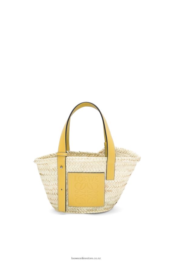 Loewe Women Small Basket bag in palm leaf and calfskin Dark Yellow LH60R50