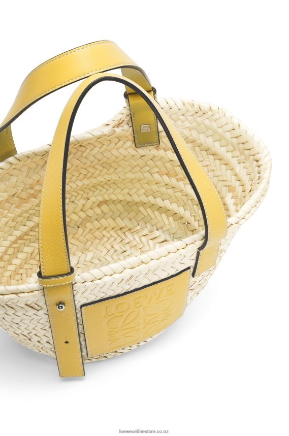 Loewe Women Small Basket bag in palm leaf and calfskin Dark Yellow LH60R50