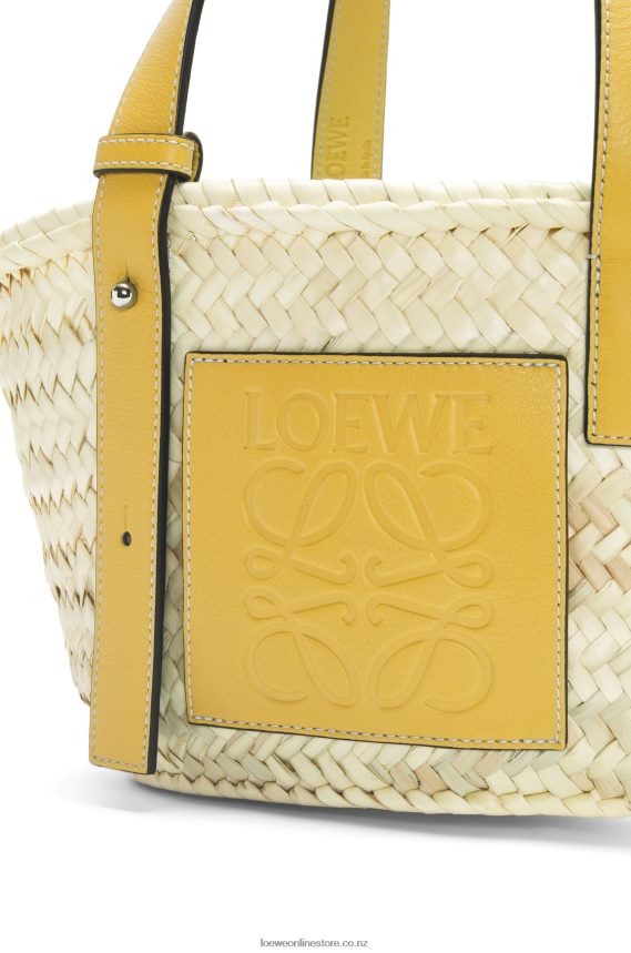 Loewe Women Small Basket bag in palm leaf and calfskin Dark Yellow LH60R50