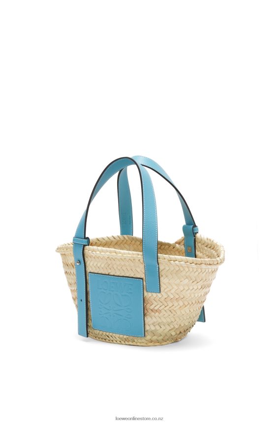 Loewe Women Small Basket bag in palm leaf and calfskin Light Blue LH60R57