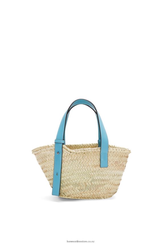 Loewe Women Small Basket bag in palm leaf and calfskin Light Blue LH60R57