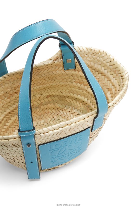 Loewe Women Small Basket bag in palm leaf and calfskin Light Blue LH60R57