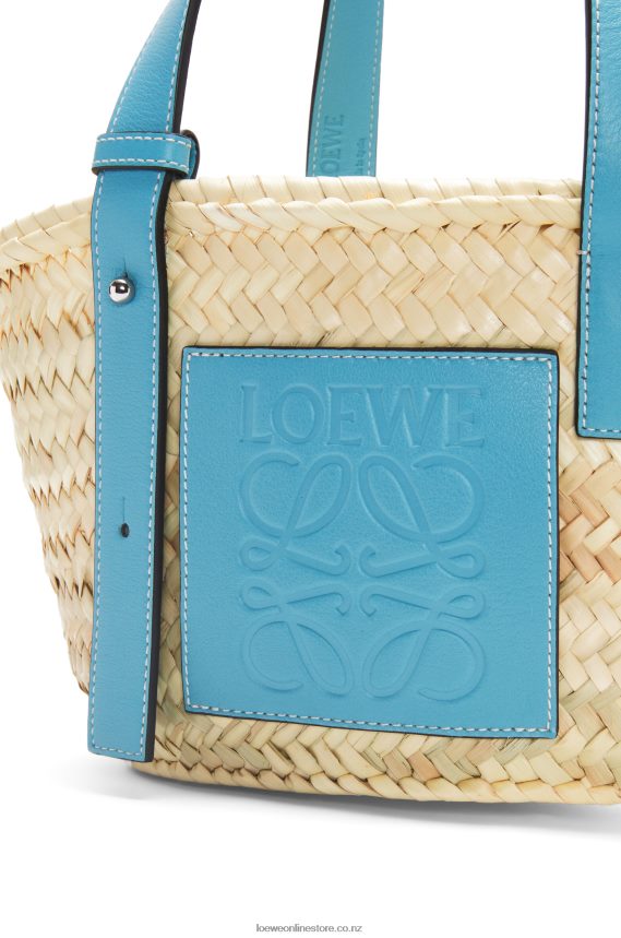 Loewe Women Small Basket bag in palm leaf and calfskin Light Blue LH60R57