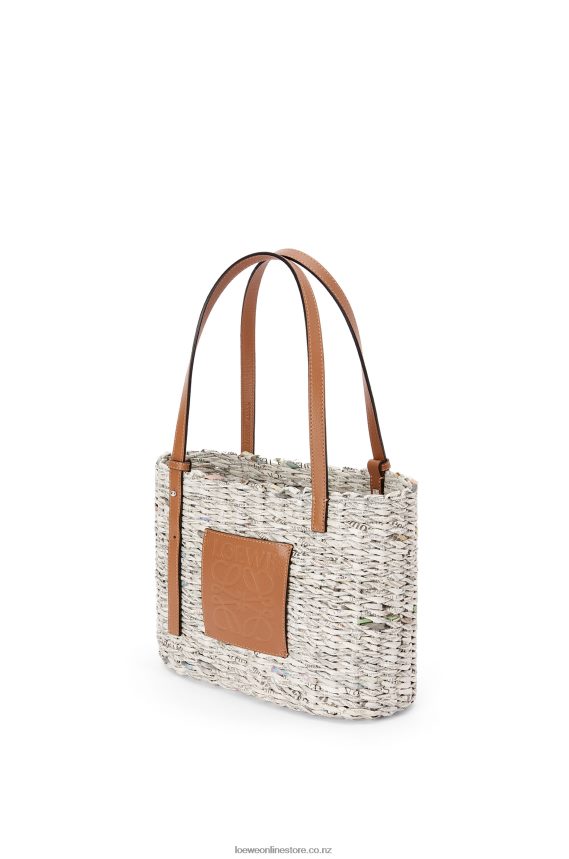 Loewe Women Small Newspaper Square Basket bag in paper and calfskin Tan/Multicolor LH60R101