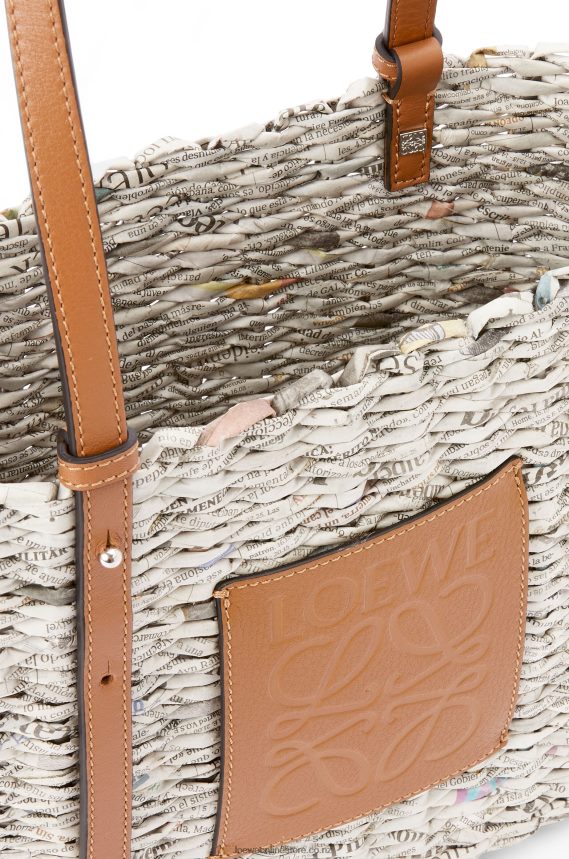 Loewe Women Small Newspaper Square Basket bag in paper and calfskin Tan/Multicolor LH60R101