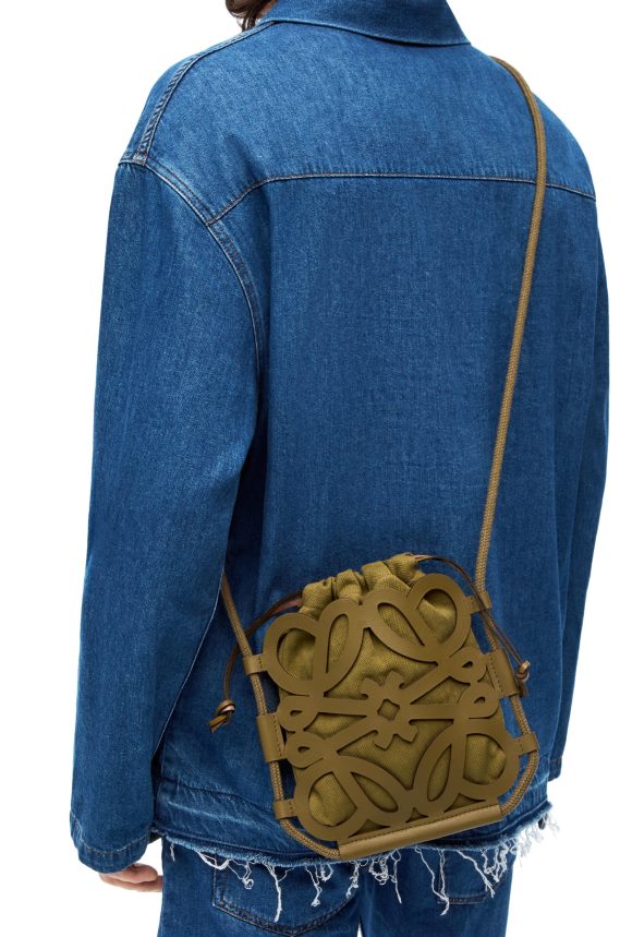 Loewe Women Anagram cut-out crossbody in classic calfskin and canvas Olive LH60R226