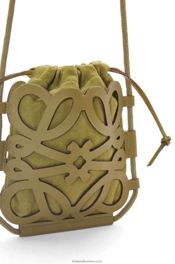 Loewe Women Anagram cut-out crossbody in classic calfskin and canvas Olive LH60R226