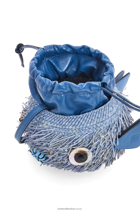 Loewe Women Blowfish pouch in iraca palm and calfskin Denim Blue LH60R222