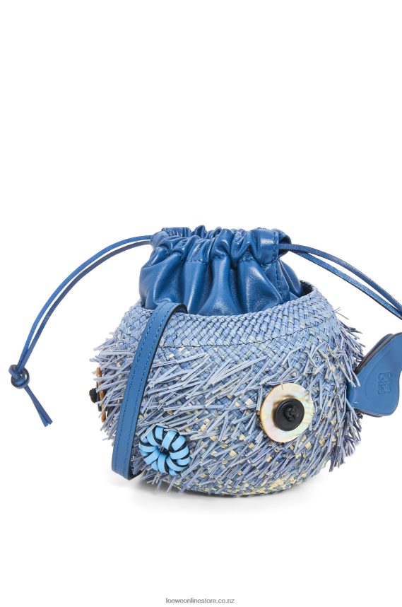 Loewe Women Blowfish pouch in iraca palm and calfskin Denim Blue LH60R222