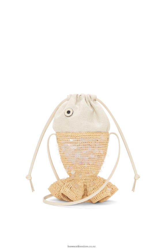 Loewe Women Fish pouch in canvas and raffia Natural/Ivory LH60R221