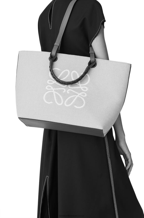 Loewe Women Anagram Tote bag in jacquard and calfskin Ecru/Tan LH60R122