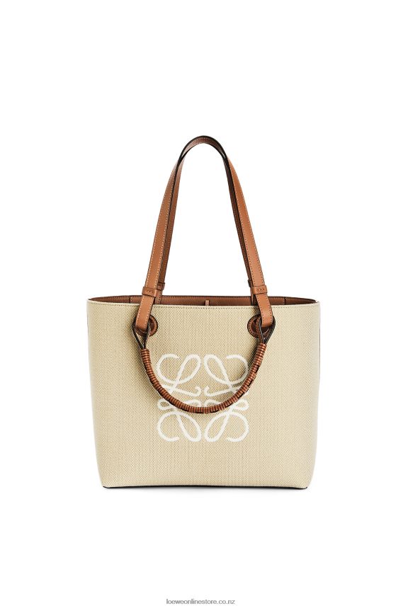 Loewe Women Small Anagram Tote bag in jacquard and calfskin Ecru/Tan LH60R121