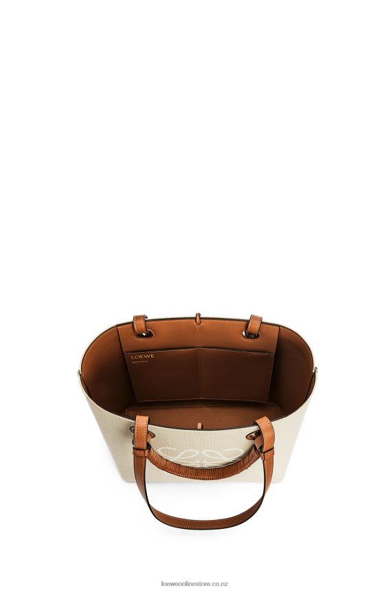 Loewe Women Small Anagram Tote bag in jacquard and calfskin Ecru/Tan LH60R121