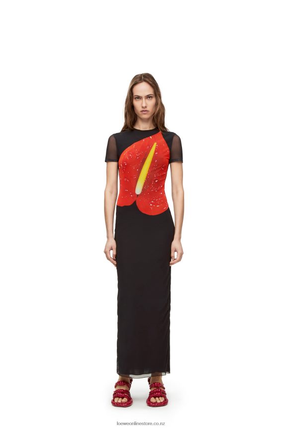 Loewe Women Anthurium dress in semi sheer mesh Black/Red LH60R1066