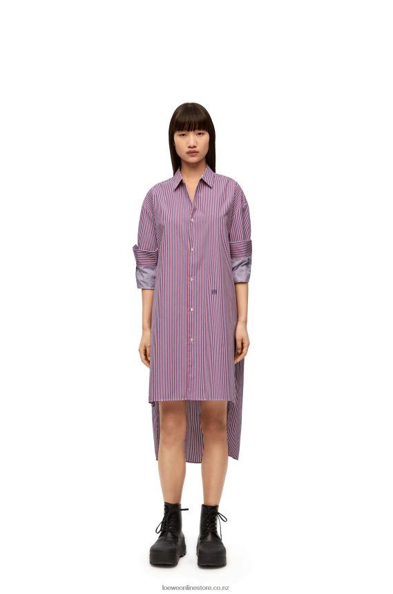 Loewe Women Turn-up shirt dress in striped cotton Blue/Red LH60R1035