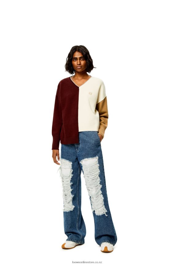 Loewe Women Anagram Asymmetric sweater in wool Brandy/Burgundy/Cream LH60R1010