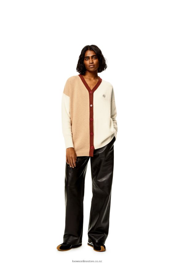 Loewe Women Anagram asymmetric cardigan in wool Ecru/Camel LH60R1009