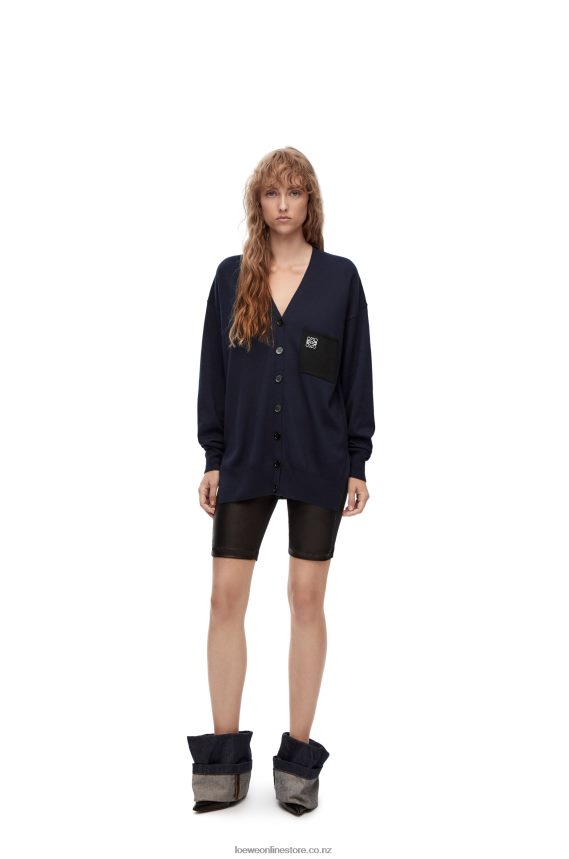Loewe Women Anagram pocket cardigan in wool Navy Blue LH60R986