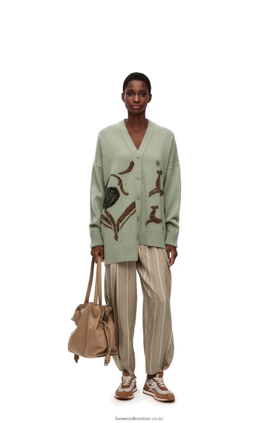 Loewe Women Asymmetric deer cardigan in wool Sage LH60R995