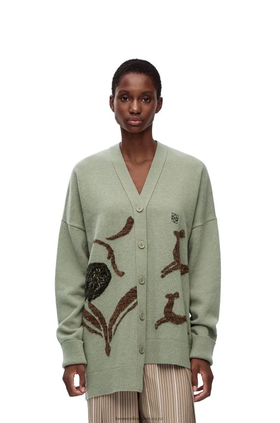 Loewe Women Asymmetric deer cardigan in wool Sage LH60R995