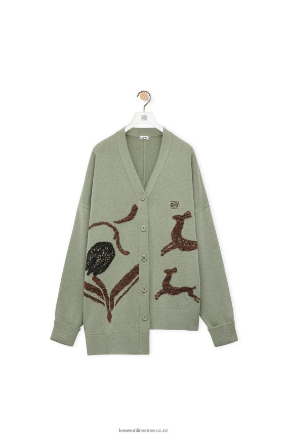 Loewe Women Asymmetric deer cardigan in wool Sage LH60R995