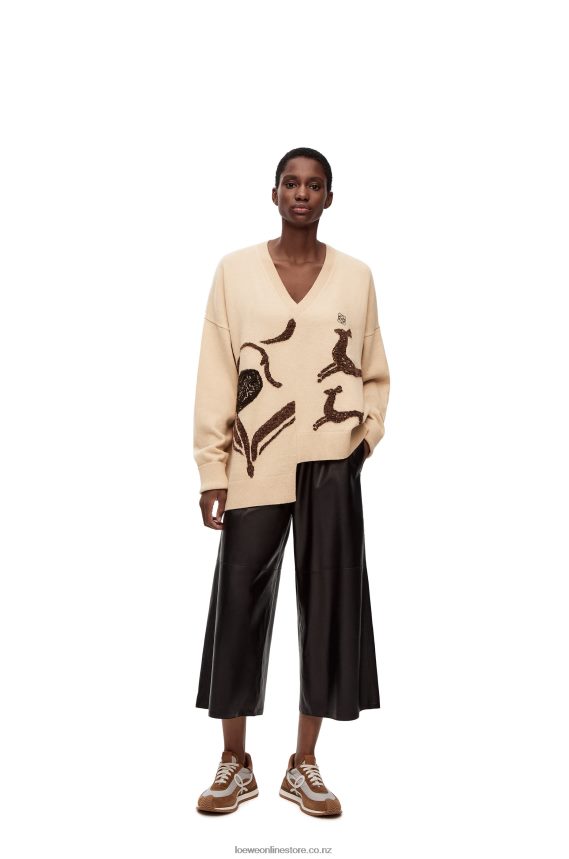 Loewe Women Asymmetric deer sweater in wool Beige LH60R996