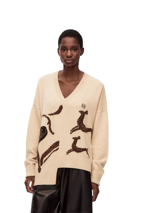 Loewe Women Asymmetric deer sweater in wool Beige LH60R996