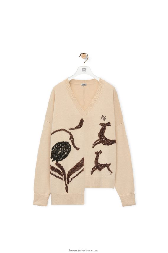 Loewe Women Asymmetric deer sweater in wool Beige LH60R996