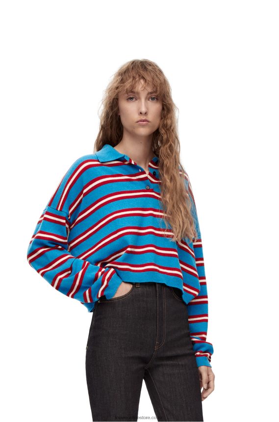 Loewe Women Stripe polo collar sweater in wool Blue/Red LH60R988