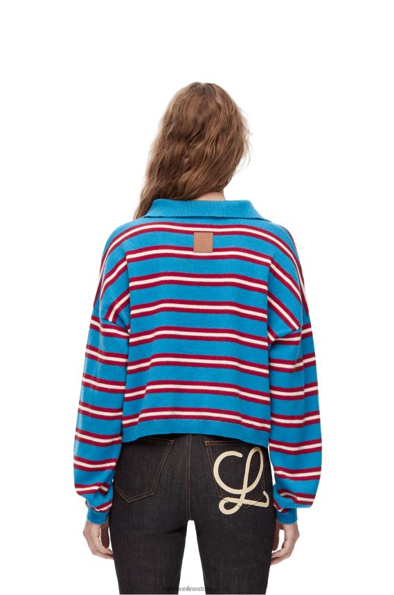 Loewe Women Stripe polo collar sweater in wool Blue/Red LH60R988